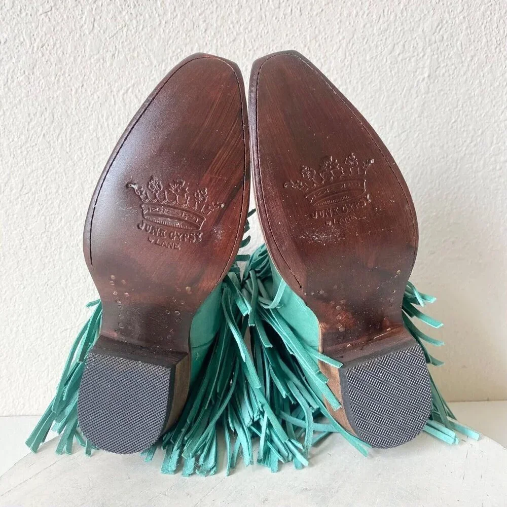 Lane Junk Gypsy Spitfire Fringe Cowboy Boots Turquoise Short Ankle Booties 5 New